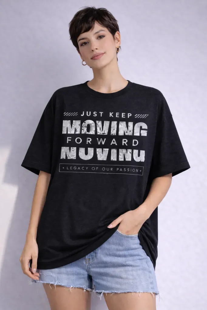 Loop Moving Forward Graphic Oversized Tee For Women's (S, Black, 240 GSM Cotton)