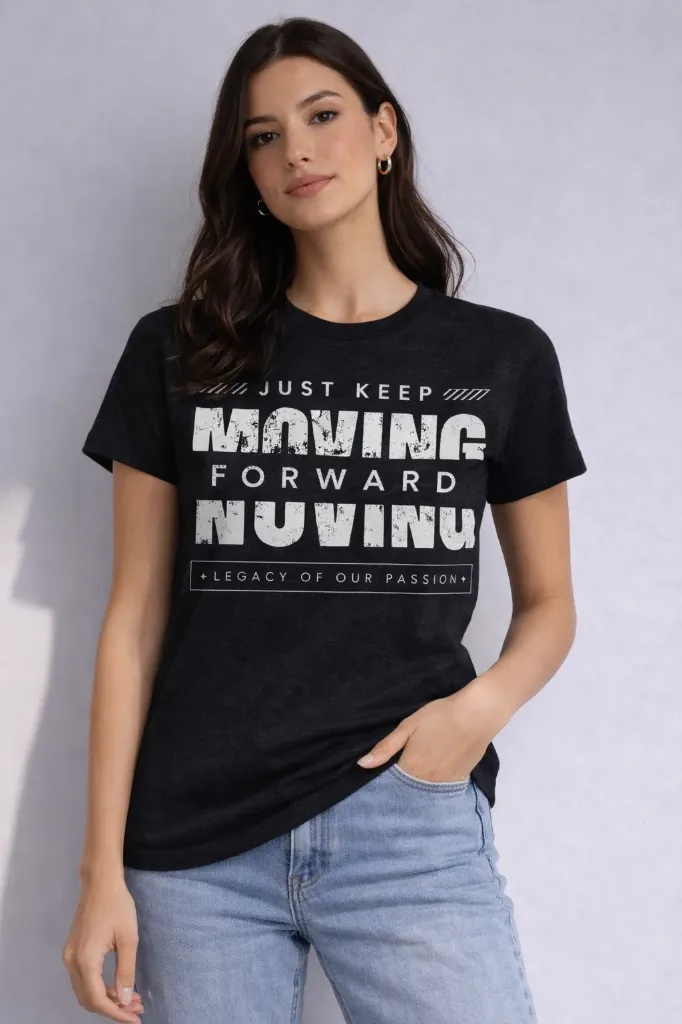 Loop Graphic T-Shirt for Women | “Moving Forward” Print | Casual Everyday Regular Fit Tee (S, Black)