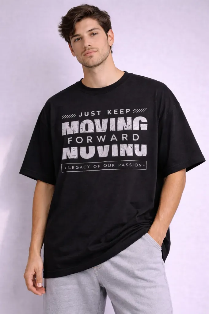 Loop Street Style Graphic Oversized Tee For Men's (S, Black, 240 GSM Cotton)